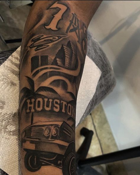 Hometown Tattoo Sleeve, Houston Forearm Tattoo, Houston Arm Tattoo, Houston Tattoos For Men, Houston Sleeve Tattoo, Bet On Myself Tattoo, Texas Themed Tattoos For Men, Brick Tattoo For Men, West Coast Tattoo Ideas