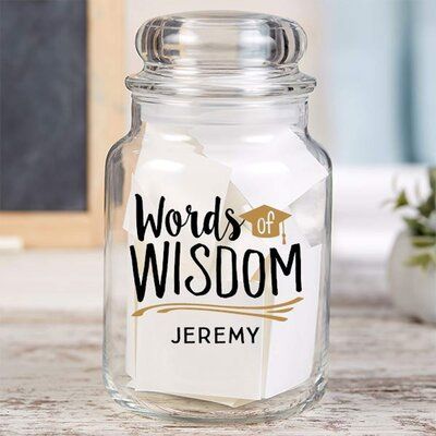 Give your favorite graduate some words of wisdom with our graduation wishes & memories personalized jar. Features:Personalize with any name and graduation yearMeasures 4" diameter x 7" H with lid, Please Note: Contents not included26 oz. capacityMade of glassIncludes lid. Hand washThe jar features the short phrase "Words of Wisdom" and makes the perfect gift at any graduation party! Product Type: Storage JarFood Safe: YesMaterial: GlassSet Size: 1Capacity: 26Decorative: DecorativeHoliday / Occas Personalized Candy Jars, Graduation Wishes, High School Graduation Party Decorations, Advice For The Graduate, Backyard Graduation Party, Outdoor Graduation Parties, Outdoor Graduation, Senior Graduation Party, Graduation Party High