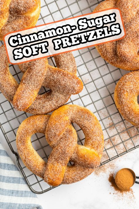 cinnamon sugar pretzels on a cooling rack Cinnamon Sugar Soft Pretzels Recipe, Cinnamon Soft Pretzels, Soft Sweet Pretzel Recipe, Homemade Cinnamon Pretzels, Pretzels Recipe Dessert, Cinnamon Pretzels Recipe, Pretzel Recipe Cinnamon Sugar, Pretzel Cinnamon Sugar, Cinnamon And Sugar Pretzels