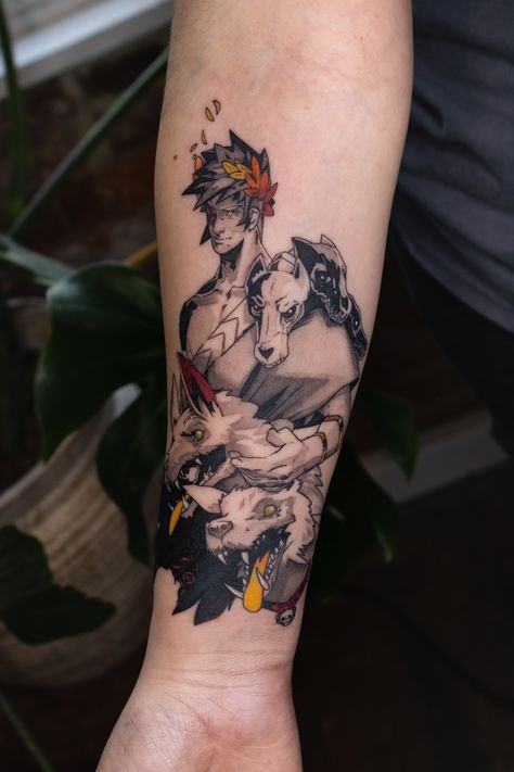 Tattoo of Zagreus, the main character of Hades from Supergiant Games. Original character design by Jen Zee, tattooed by Jordan Cunningham, tattoo artist and owner of Ravensgate Tattoo, Leather & Fine Art Studio in Phoenixville, PA Zagreus Tattoo, Hades Tattoos, Hades Game Tattoo, Arcane Tattoo, Hades Tattoo, Video Game Tattoo, Gamer Tattoos, Female Tattoo Artists, Gaming Tattoo