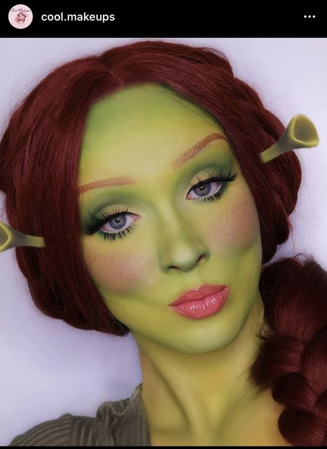 Princess Fiona Makeup, Costumes With Red Hair, Ginger Hair Costume Ideas, Fiona Makeup, Red Hair Costume Ideas, Shrek And Fiona Costume, Shrek Makeup, Fiona Costume, Red Head Halloween Costumes