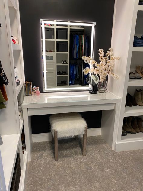 Closet Turned Into Makeup Vanity, Master Closet Design With Makeup Vanity, Walk In Closet Ideas With Makeup Vanity, Built In Closet Vanity Ideas, Dressing Room Closet With Vanity, Vanity Area In Closet, Walk In Closet With Makeup Station, Vanity Inside Walk In Closet, Ikea Closet With Vanity