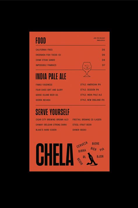 “Welcome to Malachela,” says Human, “a space where the atmosphere is always warm, the vibes are genuine, and there’s never a ‘mala chela’ in sight – just great beer, flavour and joy.” Invited to design the identity of the Taproom, bar, and restaurant in Brownsville, Texas, the Mexico City-based design studio delved into the effortless, down-to-earth charm that beer has, with the power to make people connect. Bar Branding Identity, Wine Bar Branding, Modern Restaurant Menu Design, Bar Branding Design, Beer Menu Design, Bar Menu Design, Restaurant Branding Identity, Sausage Sizzle, Drink Menu Design