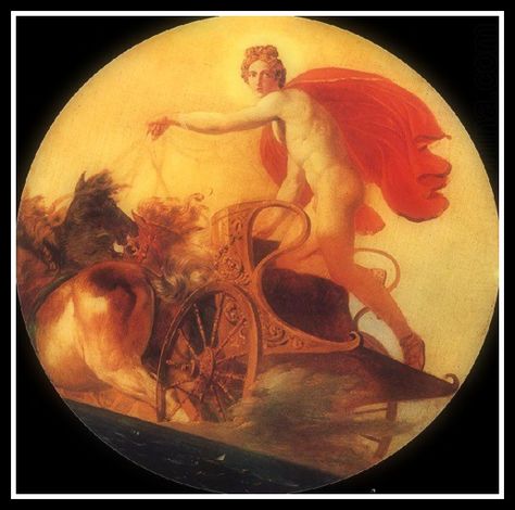 "Phoebus Driving his chariot" by Karl Briullov (1821). Chariot Aesthetic, Helios Art, Greek Chariot, Karl Bryullov, Classical Mythology, Divine Nature, Ancient Mythology, Russian Art, Chiaroscuro