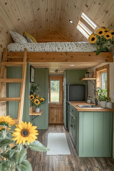 Sage Green Tiny House, Tiny House Cottage Interior, Sage Green Rv Cabinets, House Trailer Ideas, Small Shack House, Cute Tiny House Interior, One Story Tiny House Interior, Pretty Camper Interior, Tiny House Vintage Style