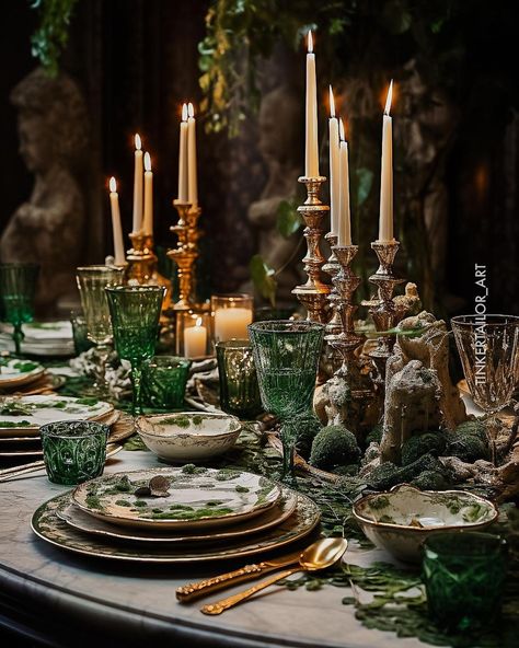 Mythology Wedding, Academia Wedding, Cottagecore Party, Witchy Party, Table Dress, Tiana Wedding, Green Table Settings, Green Tablescape, Lotr Wedding