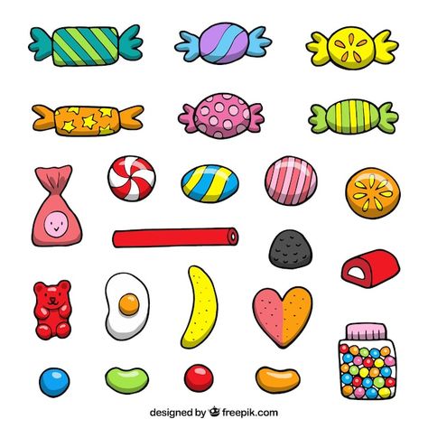 Free vector colorful candies collection ... | Free Vector #Freepik #freevector #jelly-beans #candy #sweet-candy #jelly-candy Psd Icon, Colorful Candy, Vector Photo, Graphic Resources, Hand Drawn, Vector Free, How To Draw Hands, Candy, Color