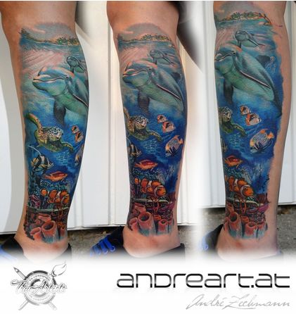 ~Ocean~ Ocean Theme Tattoos, Underwater Tattoo, Ocean Sleeve Tattoos, Ocean Sleeve, Australia Tattoo, Dolphins Tattoo, Whale Tattoos, Ocean Tattoos, Realistic Tattoo