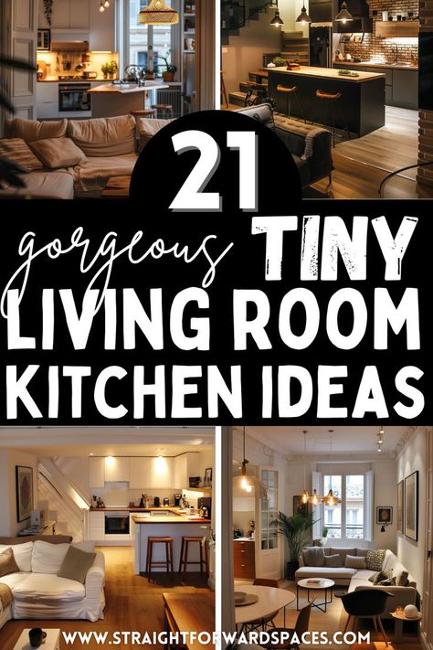 A beautifully designed tiny living room and kitchen combo featuring smart storage solutions, stylish decor, and an open concept layout that maximizes space and functionality. Tiny Living Room Kitchen, Small Living Room And Kitchen Combo, Small Kitchen Living Room Open Concept, Small Kitchen And Living Room Ideas, Small Kitchen Living Room Combo, Living Room And Kitchen Together, Room Kitchen Ideas, Small Open Concept Kitchen Living Room, Kitchen Living Room Ideas