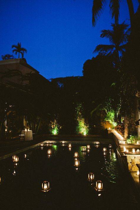 Floating lanterns in the pool Floating Lanterns Wedding, Floating Pool Candles, Ideas Casamiento, Pool Candles, Floating Candles Wedding, Puerto Vallarta Wedding, Pool Wedding, Floating Lanterns, The Dazzling