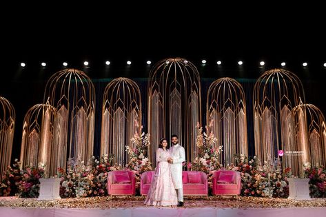 Stage Decors For Engagement, Hall Decorations For Wedding Receptions, Wedding Reception Backdrop Outdoor, Wedding Banquet Hall Decorations, Sangeet Backdrop Stage Decorations, Wedding Reception Stage Decorations Backdrops, Banquet Hall Wedding Decor, Reception Hall Decor, Wedding Stage Design Backdrop Ideas