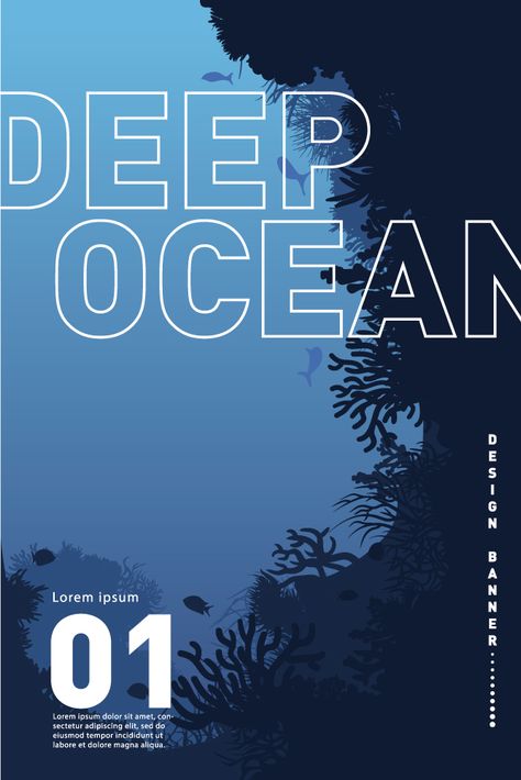 Graphic banner, deep ocean. Stylish poster on the theme of the sea. Deep sea peisage, corals and algae. Ocean Protection Poster, Ocean Theme Graphic Design, Ocean Typography Design, Ocean Theme Poster, Save The Sea Poster, Under The Sea Graphic Design, Underwater Graphic Design, Sea Design Graphic, Marine Graphic Design