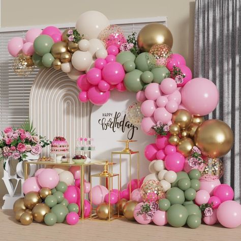 PRICES MAY VARY. 1.Package Included: Our Sage Green Pink Gold Garland Package includes everything you need to make balloon chains, 140PCS latex balloons + 16.4 feet balloon strips + dispensing, you only need to prepare a manual pump and an electric pump, The 5-inch double-layer balloon can only be inflated with a manual pump, and the 10-inch and 18-inch balloons can be inflated with an electric pump to save time and effort. 2.EASY To Assemble - no any experience required! It is suggested that yo 30th Party, Pink Confetti, Garland Arch, Safari Jungle, Jungle Green, Balloon Decor, White Balloons, Arch Kit, Pink Balloons