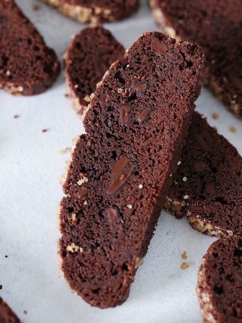 The BEST Double Chocolate Biscotti - Chef Lindsey Farr Double Chocolate Biscotti Recipe, Chocolate Biscotti Recipe, Chocolate Biscotti, Caramel Pretzels, Almond Bars, Biscotti Recipe, Cinnamon Almonds, Crunchy Cookies, Double Chocolate