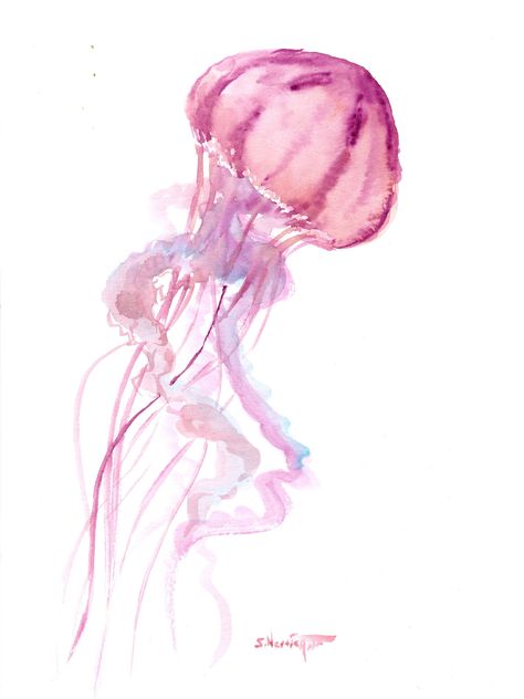 Watercolor Jellyfish Artwork, original painting, soft pink elegant hand-painted, one-of-a kind wall art by WatercolorBySuren on Etsy Watercolour Jellyfish, Jellyfish Artwork, Watercolor Art For Beginners, Jellyfish Wall Art, Suren Nersisyan, Watercolor Jellyfish, Jellyfish Painting, Pink Jellyfish, Ceramic Cafe