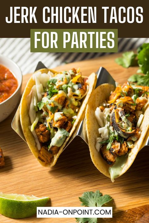 Party Food Ideas! Are you looking to create tasty Jerk Chicken Tacos for Parties? Here you'll find exactly what you'll need. how to make jerk chicken tacos | easy jerk chicken tacos | shredded jerk chicken tacos | jerk chicken tacos recipe | pulled jerk chicken tacos | jerk chicken street tacos | jamaican jerk chicken tacos recipe | jerk ground chicken tacos. Jamaican Jerk Chicken Tacos, Jerk Chicken Tacos Recipe, Shredded Jerk Chicken, Pulled Jerk Chicken, Chicken Tacos Shredded, Easy Jerk Chicken, Jerk Chicken Tacos, Chicken Street Tacos, Ground Chicken Tacos