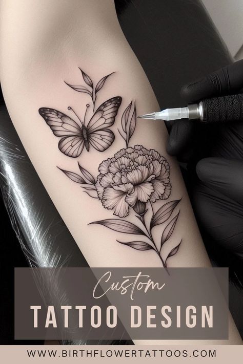 🌼✨Carnation and Butterfly Flower Tattoo - January Birth Flower Doodle Design✨🌿 Flower Butterfly Tattoo, Butterfly Flower Tattoo, Carnation Flower Tattoo, January Birth Flower, Carnation Tattoo, January Birth Flowers, Flower Doodle, Nature Tattoo, Birth Flower Tattoos