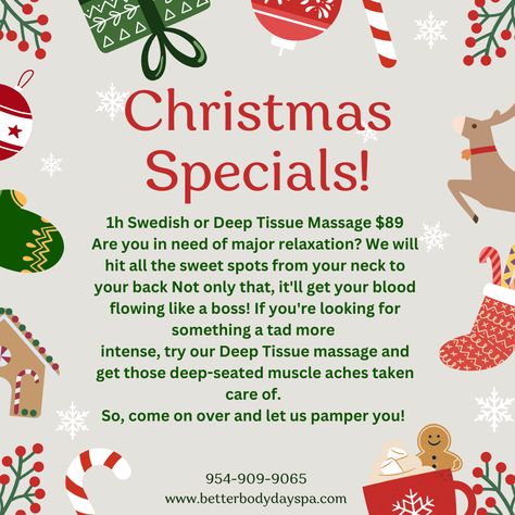 Our holiday specials are here and you don't want to miss it! Book our 1 hour Swedish or Deep tissue massage today for only $89! Give us a call at 954-909-9065! #christmas #spa #fortlauderdale Christmas Spa, It Book, Xmas Wallpaper, Better Body, Body Spa, Muscle Aches, Deep Tissue Massage, Deep Tissue, Like A Boss