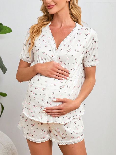 Shein Underwear&Sleepwear Maternity Maternity Ditsy Floral Lace Trim Nursing Top & Adjustable Waist Shorts For MotherI discovered amazing products on SHEIN.com, come check them out! Shein Maternity, Maternity Sleepwear, Nursing Top, Pregnant Mother, Nursing Tops, Floral Short, Ditsy Floral, Kids Beachwear, Sleepwear Women