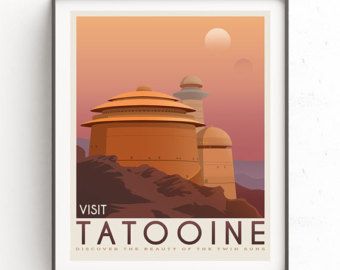 Tatooine Poster, Star Wars Travel Posters, Star Wars Canvas Art, Planet Illustration, Star Wars Planets, Star Wars Painting, Star Wars Set, Star Wars Film, Retro Travel Poster