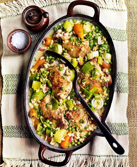 September sees the ripening and falling of cider apples. Here Debbie Major shares her traditionally British, cider-braised recipe. Bacon Carrots, Braising Recipes, Barley Recipe, Braised Chicken Thighs, Roasted Chicken Thighs, Pearl Barley, Delicious Magazine, Braised Chicken, British Food