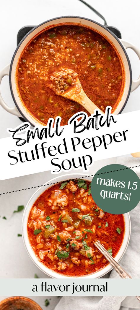 An “unstuffed” pepper soup recipe, if you will. 🙂 This small batch stuffed pepper soup recipe makes 1 1/2 quarts, and tastes even better as leftovers! I love to use lean ground beef, onion, green bell pepper, seasonings, beef broth, tomato sauce, and cooked rice for this soup recipe.  #stuffedpeppersoup #greenpeppersoup #pepperbeefsoup #smallbatchsoup #souprecipes #souprecipesfortwo Soup With Peppers And Onions, Stuffed Pepper Soup No Rice, Unstuffed Pepper Soup Crockpot, Stuff Green Pepper Soup, Sweet Pepper Soup, What To Do With Green Peppers, Small Batch Recipes Dinner, Recipe With Green Peppers, Unstuffed Pepper Soup