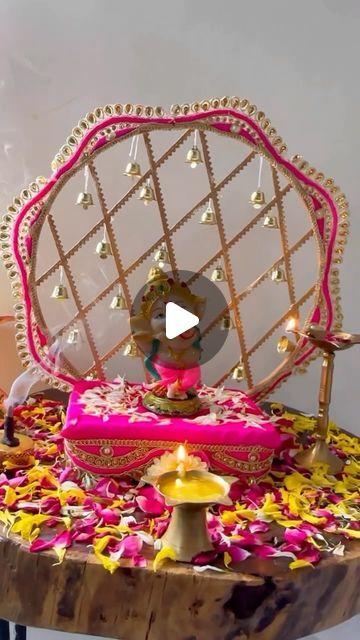 Kamya Kodwani on Instagram: "Ganpati Bappa Morya 🌿
Sharing an easy backdrop idea using embroidery hoop,lace and tiny bells.
.
.
.
.
#ganpati_bappa_morya #bappa #bappamajha #ganesha #ganeshachaturthi #ganeshafestival #diybackdrop #backdropideas" Ganpati Backdrop Ideas, Diwali Backdrop Ideas, Puja Decoration, Ganpati Bappa Morya, Paper Decorations Diy, Bappa Morya, Easy Backdrops, Festival Decor, Bell Decorations