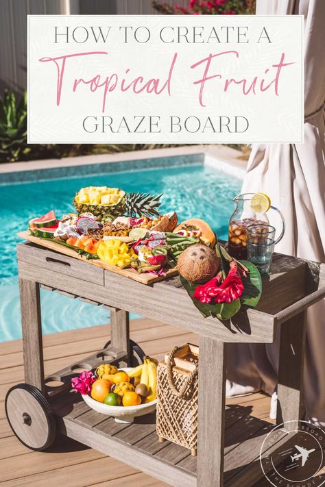 Tropical Fruit Charcuterie Board, Tropical Charcuterie Board Ideas, Tropical Charcuterie Board, Luau Charcuterie Board, Tropical Charcuterie, Tropical Fruit Platter, Fruit Charcuterie, Graze Board, Pineapple Boats