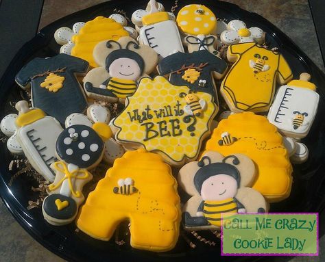 What will it Bee? Bee Sugar Cookies, Bee Cookies, Crazy Cookies, Bee Cakes, Bee Baby Shower Theme, Mommy To Bee, Bumble Bee Baby Shower, Summer Cookies, Bee Baby