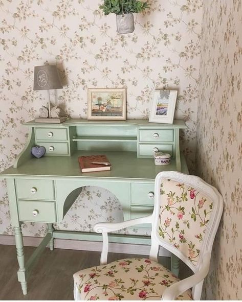 Pink And Green Vintage Bedroom, Desk By Window Aesthetic, Pastel Vintage Bedroom, Mint My Desk, Green Vanity Bedroom, Vintage Writing Desk Aesthetic, Desk Color Ideas, Cottage Core Vanity, Desk Cottagecore