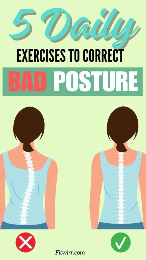 This pin features the pin title "5 daily exercises to correct bad posture", and graphics of woman who has an improved better and straighter back posture and the before image where her back posture is poor. How To Straighten Posture, Straighten Posture Exercise, Back Strengthening Exercises Bad Posture, Straighten Back Improve Posture, Exercises For Posture Correction, How To Correct Bad Posture, Bad Posture Exercises, Stretches For Your Back, Correcting Posture