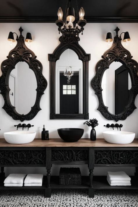 Step into luxury with this Gothic-inspired bathroom featuring intricately carved dark wood mirrors and sophisticated black fixtures. Where medieval meets modern. #GothicDesign #LuxuryBathroom #DarkInteriors Gothic Guest Bathroom, Gothic Bathroom Vanity, Dark Gothic Home Aesthetic, Gothic Glamour Decor, Gothic Art Deco Home Decor, Dark Tone Bathroom, Goth House Ideas, Gothic Entryway, Victorian Gothic Bathroom