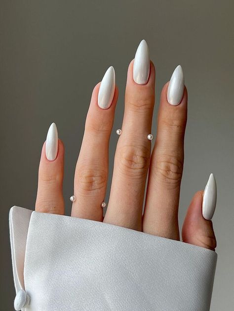 Best 22  milky white chrome nails you must try this year Nail Art Chrome, White Almond Nails, White Chrome Nails, Chrome Nail Art, Chrome Nails Designs, White Nail Polish, Pearl Nails, Almond Nail, Cat Eye Nails