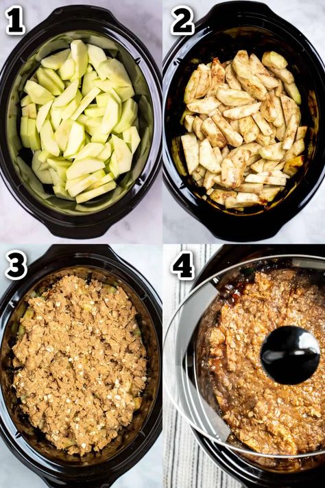 Slow Cooker Apple Crisp is perfect for the holidays, made with sweet and tart apples topped with crumbly, buttery oats and slow cooked with cinnamon and brown sugar. Serve warm and top with vanilla ice cream! Crockpot Apple Crumble Slow Cooker, Apple Crisp Recipe With Oats Crock Pot, Gluten Free Apple Crisp Crockpot, Apple Crumble Crockpot Recipe, Slow Cooker Apple Crumble, Crockpot Apple Crumble, Slow Cooker Baked Apples, Crockpot Fall Desserts, Gf Df Crockpot Recipes