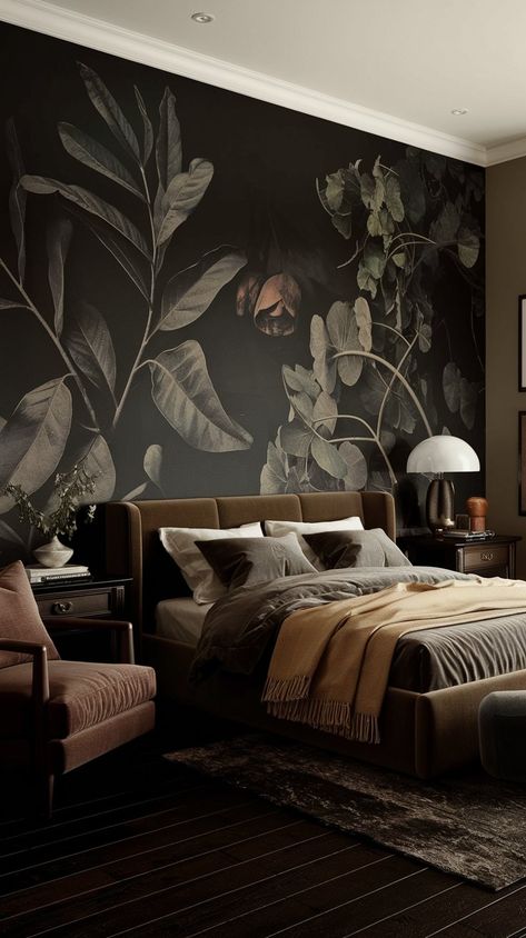 Explore the ultimate guide to dark earthy bedroom ideas, featuring tips on combining rich hues, industrial accents, and organic elements for a cozy vibe. Dark Earthy Interior, Moody Botanical Bedroom, Bedroom Ideas Dark Colors, Dark Bedroom Ideas Cozy, Moody Cozy Bedroom, Moody Modern Bedroom, Dark Earthy Bedroom, Bedroom Ideas Elegant, Dark Cozy Bedroom Ideas