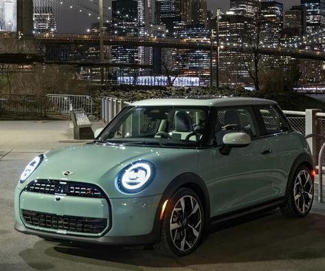 Green Mini Cooper Convertible, Sage Green Mini Cooper, Green Mini Cooper Aesthetic, Cute Mini Cooper, Mini Cooper Green, Green Mini Cooper, Pink Mini Coopers, Mini Cooper Interior, Mini Cooper Sport