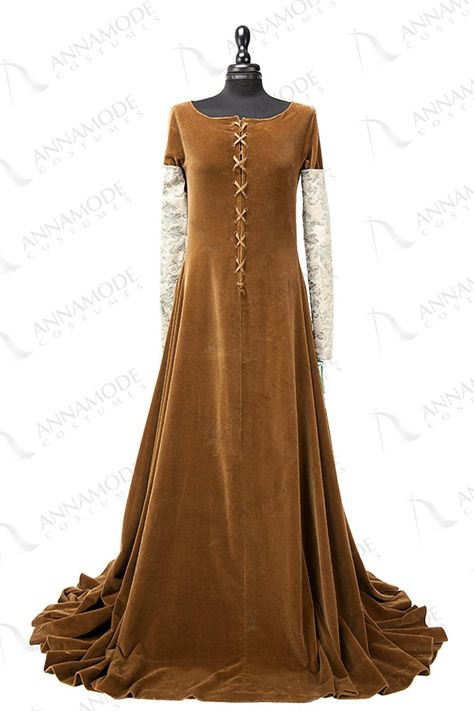 DRESS Woman 1300 | ANNAMODECOSTUMES - since 1946 Yellow Medieval Dress, Byzantine Fashion, The White Princess, Ancient Designs, White Princess, Dress Woman, Fantasy Gowns, Medieval Dress, Brown Velvet