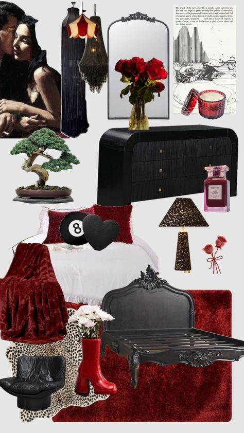 Black And Red Room Aesthetic, Black And Red Room, Dark Red Room, Old Hollywood Bedroom, Hollywood Bedroom, Moody Home Decor, Feminine Bedroom, Future Apartment Decor, Dorm Room Inspiration