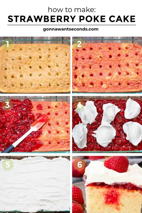 Strawberry poke cake is a simple refreshing dessert that comes together easily for a potluck and picnic-ready treat that spreads springtime smiles. #strawberrycake #pokecake Strawberry Poke Cake, Strawberry Poke Cakes, Peach Pound Cakes, Strawberry Cream Cakes, Chocolate Poke Cake, Strawberry Shortcake Cake, Strawberry Pie Filling, Mango Cake, Strawberry Cake Recipes