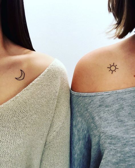 Sun And Moon Tattoo Matching Shoulder, Sun And Moon Tattoo For Best Friends, Sun Moon Sister Tattoo, Sun And Moon Tattoo Sisters, Sisters Tattoo Ideas For 2 Sibling, Matching Sun And Moon Tattoo Friends, Sun Moon Friendship Tattoo, Sun And Moon Collar Bone Tattoo, Sun And Moon Simple Tattoo