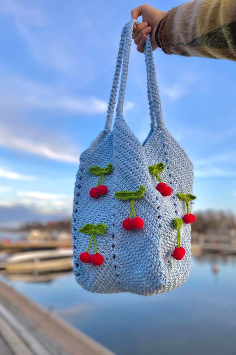 Cherry Granny Square, Crochet Strawberry Granny Square Bag, Crochet Cherry Bag, Crochet Bag With Strawberries, Crochet Mesh Fruit Bag, Crochet Mesh Bag, Crochet Mini Strawberry Bag, Sakura Market Bag Crochet Pattern, Cherry Bag