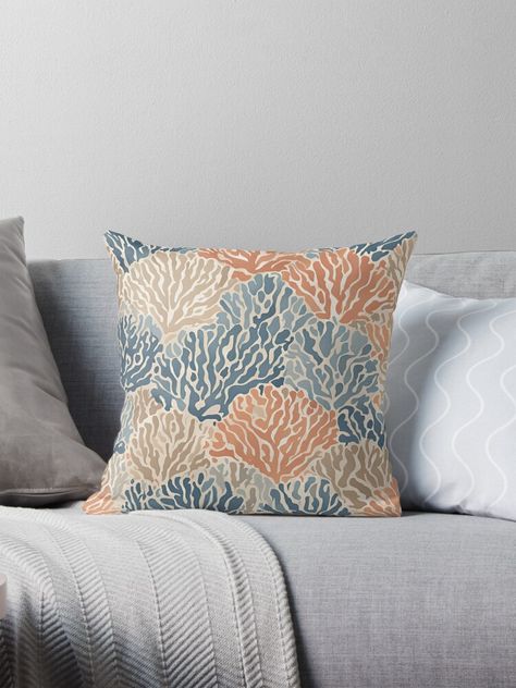 Get my art printed on awesome products. Support me at Redbubble #RBandME: https://www.redbubble.com/i/throw-pillow/Orange-Blue-Beige-Coral-Reef-Beachy-Coastal-Pattern-by-SeaStarAlex/164571639.5X2YF?asc=u Surf Style Decor, Tropical Style Decor, Coastal Pattern, Vibe Blue, Beach House Decor Coastal Style, Coastal Style Decorating, Surf Decor, Orange Throw Pillows, Hello December