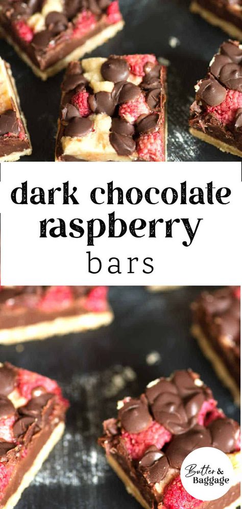 Dark Chocolate Raspberry Bars have a rich fudgy layer over buttery shortbread and of course raspberries and more chocolate on top. You’re going to LOVE this simple dessert bar recipe. Raspberry Chocolate Recipes, Chocolate Raspberry Bars, Dark Chocolate Desserts, Dark Chocolate Raspberry, Raspberry Bars, Raspberry Desserts, Chocolate Raspberry Cake, Buttery Shortbread, Raspberry Chocolate