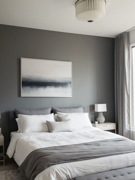 Create a stunning focal point in your bedroom with a large abstract artwork against a serene grey wall. Enhance the modern aesthetic with sleek furniture and minimalist decor for a stylish and tranquil space. Elegant Grey Bedroom, Rustic Grey Bedroom, Gray Accent Wall, Cozy Grey Bedroom, Modern Grey Bedroom, Dark Gray Bedroom, Grey Bedroom Ideas, Grey Bedroom Design, Grey Accent Wall