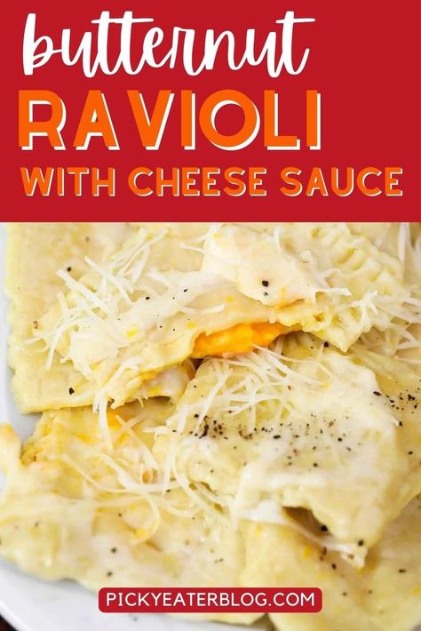 An easy yet sophisticated meal is 15 minutes away! Use premade butternut squash ravioli with a homemade creamy parmesan and oil cream sauce to create a delicious dinner with comforting fall flavors! Butternut Squash Ravioli Sauce, Butternut Ravioli, Butternut Squash Ravioli Recipe, Squash Ravioli Recipe, Recipe Using Butternut Squash, Ravioli Sauce Recipe, Healthy Pasta Recipes Vegetarian, Squash Ravioli, Butternut Squash Ravioli