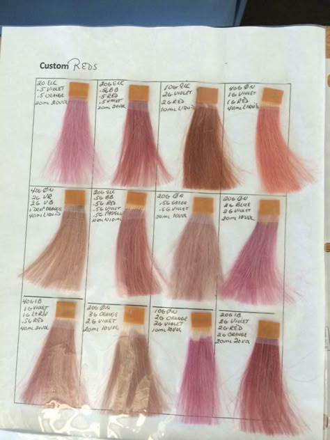 Aveda Rose - Pink Formulas Aveda Pink Formula, Gold Hair Formula, Rose Gold Hair Formula, Pink Hair Formula, Beleyage Hair, Aveda Color Formulas, Aveda Formulas, Hair Formulas, Hair Color Swatches