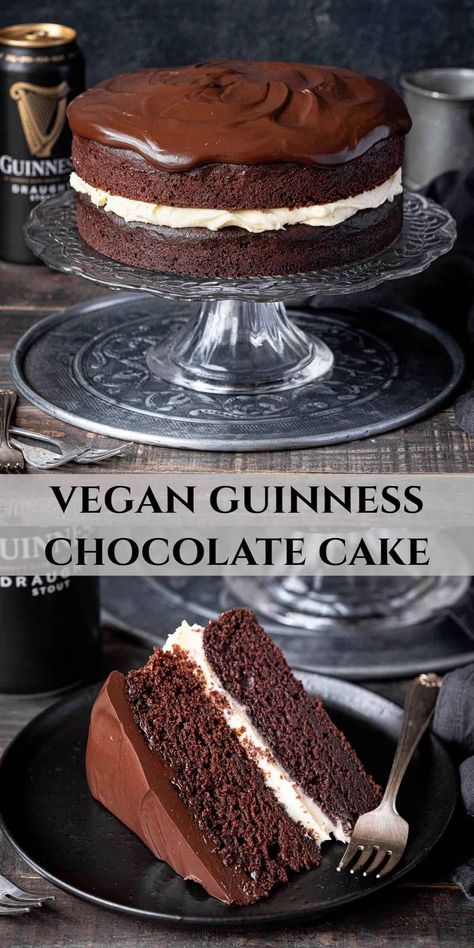 Vegan Guinness chocolate cake - this intensely chocolatey layer cake is moist, rich and delicious. It has a deep flavour thanks to the addition of Guinness which gives it a malty, almost bitter tang and prevents it from being overly sweet. Paired with a rich Guinness ganache and whiskey buttercream this is a cake just for grown-ups! Guinness Chocolate Cake, Guinness Chocolate, Guinness Cake, Vegan Baking Recipes, Vegan Cake Recipes, Desserts Vegan, Desserts To Make, Vegan Dessert Recipes, Vegan Treats