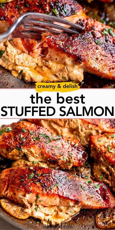 This Stuffed Salmon recipe is destined to become a favorite in your dinner rotation! The perfectly cooked salmon fillets are stuffed with a Cajun-spiced cream cheese filling and pan-seared until juicy and perfectly flaky. Cream Cheese Salmon, Stuffed Salmon Recipe, Salmon Steak Recipes, Cooking Salmon Fillet, Ground Beef Crockpot Recipes, Cooked Salmon, Salmon Recipes Baked Healthy, Stuffed Salmon, Salmon Cream Cheese