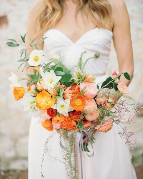 Icelandic poppies, ranunculus, daffodils, and eucalyptus Colorful Wedding Bouquet, Icelandic Poppies, Poppy Bouquet, Rose Wedding Bouquet, Colorful Bouquet, Bouquet Inspiration, Martha Stewart Weddings, Orange Wedding, Beautiful Bouquet Of Flowers