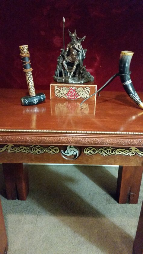 Asatru / Viking Altar to Odin and the Norse gods Hand carved and hand made Norse Pagan Altar Inspiration, Asatru Altar, Viking Altar, Norse Pagan Altar, Norse Gods, Norse Pagan, Religious Crafts, Pagan Altar, Gods Hand